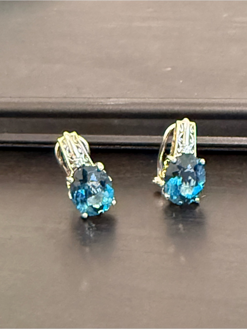 Genuine London Blue Topaz Sterling Silver 925 Two-Tone Leverback Earrings - Picture 2 of 11